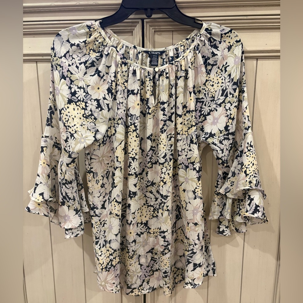 Chaps Women's Floral Blouse - Blue, Cream, and Yellow